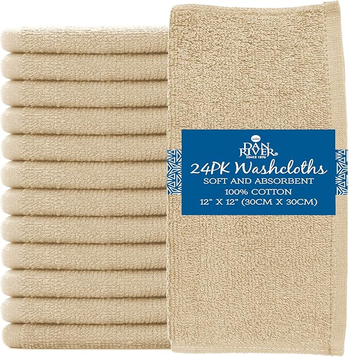 DAN RIVER 100% Cotton Washcloths 24 Pack Premium Quality Face and Body Cloth, Quick Dry Essential Towels for Bathroom, Hand, Kitchen & Cleaning, Baby Washcloths | 12X12 in | 400 GSM | Tan