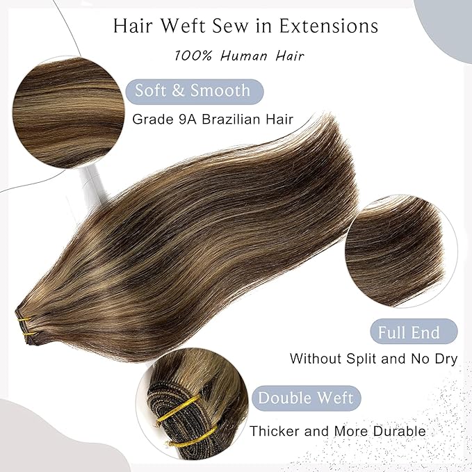 Ubetta Sew-in Human Hair Extensions - Dark Brown Balayage Ash Brown Hand Tied Weft Bundles - 14 Inch 80G
