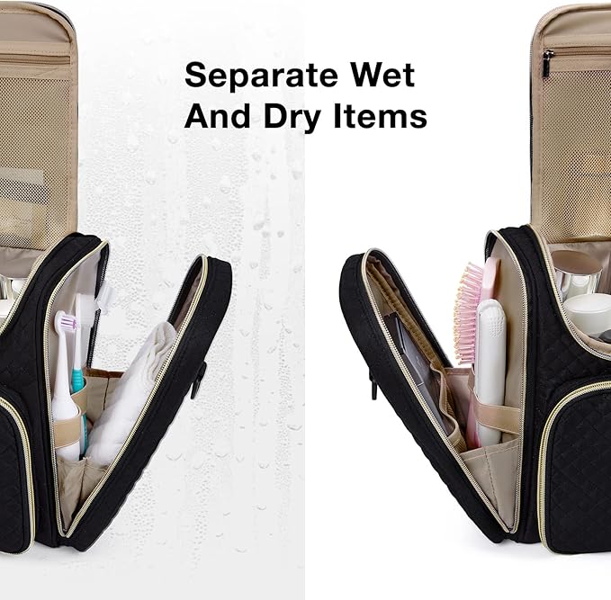 BAGSMART Toiletry Bag, Travel Toiletry Bag for Women, Water-resistant Cosmetic Makeup Bag, Large Capacity Door Room Essentials Travel Organizer for Full Sized Toiletries and Cosmetics, Black