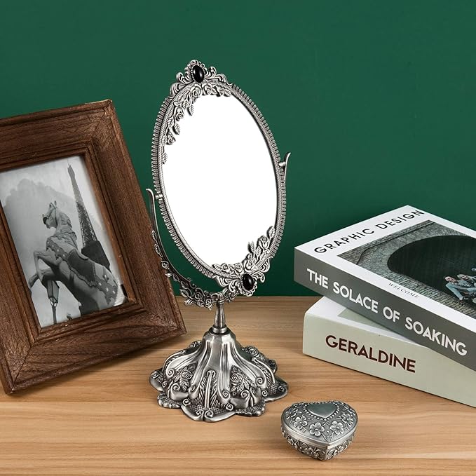 Feyarl Small Vintage Makeup Mirror Floral Tabletop Oval Vanity Mirror with Stand Dressing Room Swivel Double Sided Elegant Decorative Mirror Embossed Frame (Pewter)
