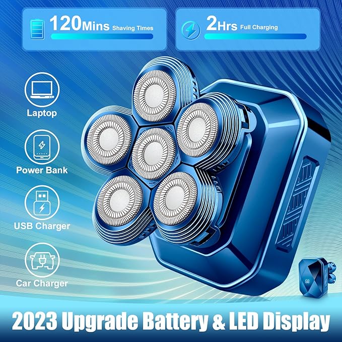 Head Shavers for Bald Men, IPX7 Waterproof Detachable Head Shaver,6D Electric Razor for Men, 6 in 1 Wet/Dry Rechargeable LED Shaving Kit with Type-C Charge