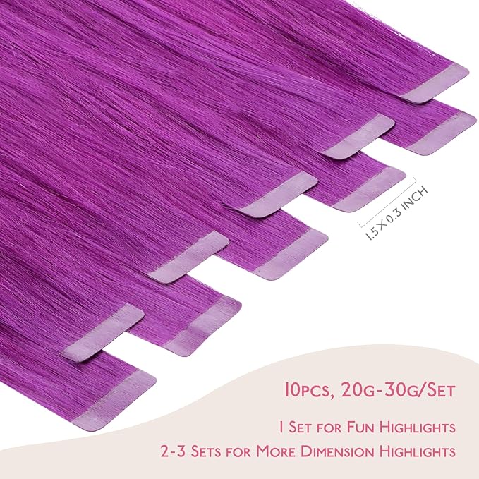 WENNALIFE Tape in Hair Extensions Human Hair Purple Tape in Extensions, 10pcs 25g 16 inch Remy Invisible Tape Ins Straight Colored Soft Real Human Hair Tape in Extensions Refill Set Extensions