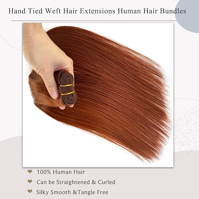 Ubetta Human Hair Weft Extensions, Dark Auburn Brown Sew in Hair Extensions Real Human Hair Weft Weave Hair Extensions 80G 12 Inch Double Weft Full Head Straight Human Hair Weaves Hair Weft Bundles