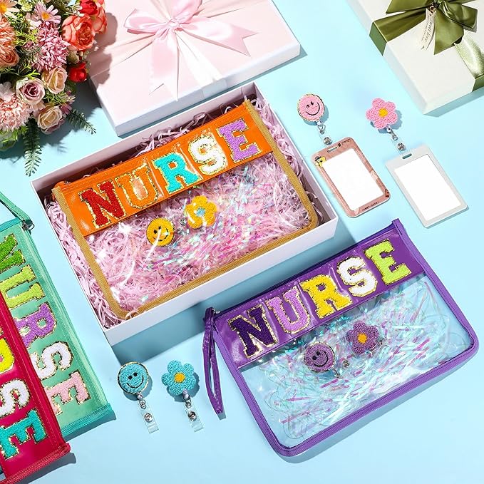 Coume 18 Pcs Nurse Makeup Bags Badge Clips Gifts Clear Pouches with Nursing Badge Reel Flower Smile Face Nursing ID Card Clips for National Certified Nurses Day Teacher Student, 11.8 x 7.87 inch
