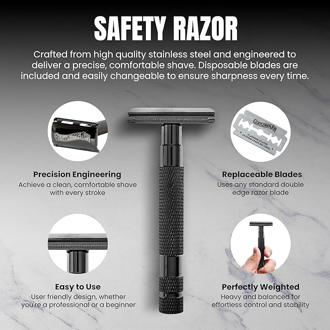 Safety Razor Shaving Kit | Vintage Wet Shave Grooming Set for Men - Includes: Safety Razor, Hair Shaving Brush, Alum Block, Shave Soap, Bowl & Double Edge Razor Blades