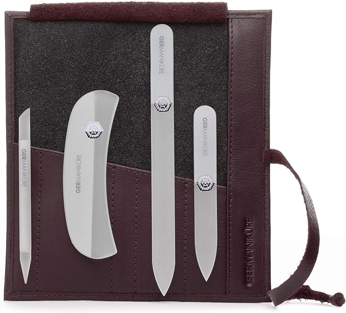 GERMANIKURE Crystal Glass Nail File Set in Eggplant Purple Leather Case – Handmade in Czech Republic – Professional Manicure & Pedicure Supplies – Glass Cuticle Stick, Pusher, Moon File