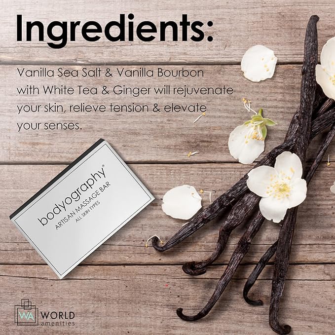 Bodyography Blanc- Bulk Artisan Massage Bar | 50 Count, 1.8 oz | Vanilla White Tea, Mini Travel Size Toiletries (100% Recyclable)| Individually Boxed Hotel Amenities.