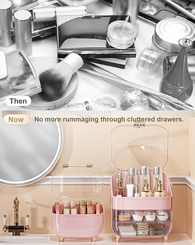 Makeup Organizer, Skincare Holder Bathroom Counter Organizer, Storage Box Cosmetic Display Cases, Teen Girl Gifts Trendy Stuff Make up Organizers for Vanity, Dresser, Countertop (Pink)