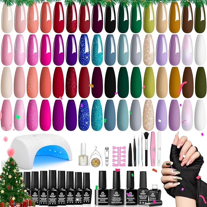 Beetles Gel Nail Polish Set With UV Light - 53Pcs Starter Kit, 32 Spring Colors, Pink Burgundy Red Glitter, Builder Blooming Gel, Manicure Kit Gifts for Women