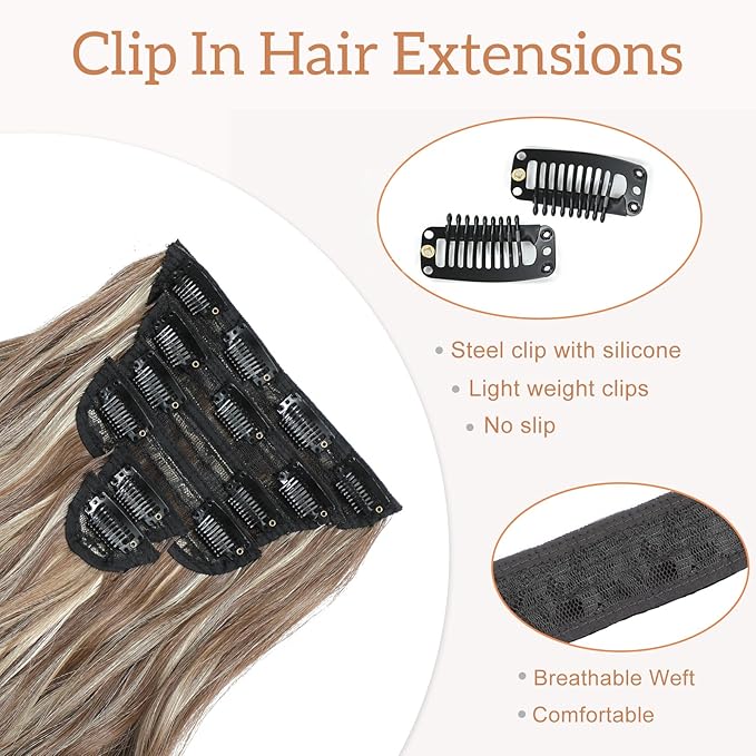 Clip in Hair Extensions for Women - 20 Inch Long Wavy Brown Extensions, 6PCS Chocolate Brown & Ash Blonde Hairpieces that Blend Naturally with Your Real Hair (20 Inch, Chocolate Brown & Ash Blonde)