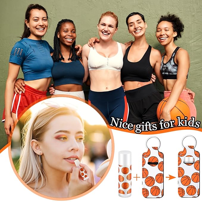 18 Sets Party Favors Lip Balm and Lipstick Holder Keychain Bulk Sport Ball Team Gifts Natural Moisturizing Lip Balm Keychains Pouch for Team Gifts Sports Party Supplies(Basketball)