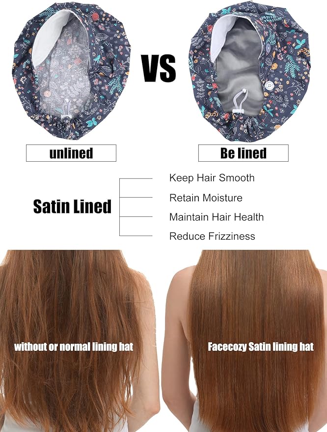 6 Pcs Satin Lined Scrub Caps Women Nurse Surgical Hat with Buttons Ponytail Working Adjustable Pouch Tie Back