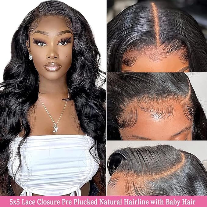 12A Body Wave Human Hair Bundles with Closure (14 16 18+12,Free Part) Closure with 3 Bundles Brazilian Virgin Hair Extensions with Pre Plucked with Baby Hair 5X5 HD Lace Closure Natural Black Color