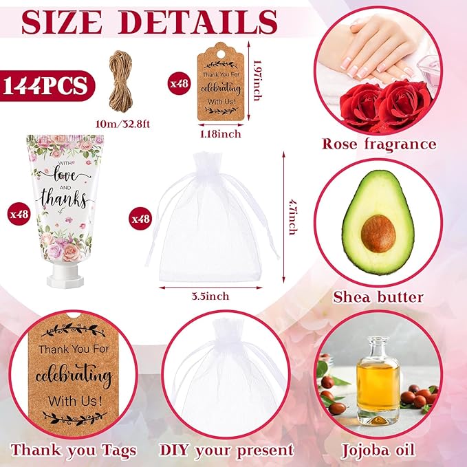 48 Sets Baby Shower Hand Cream Party Favors for Guests Gift Bulk Travel Size Hand Lotion Set for Baby Shower Wedding Christmas(Rose)