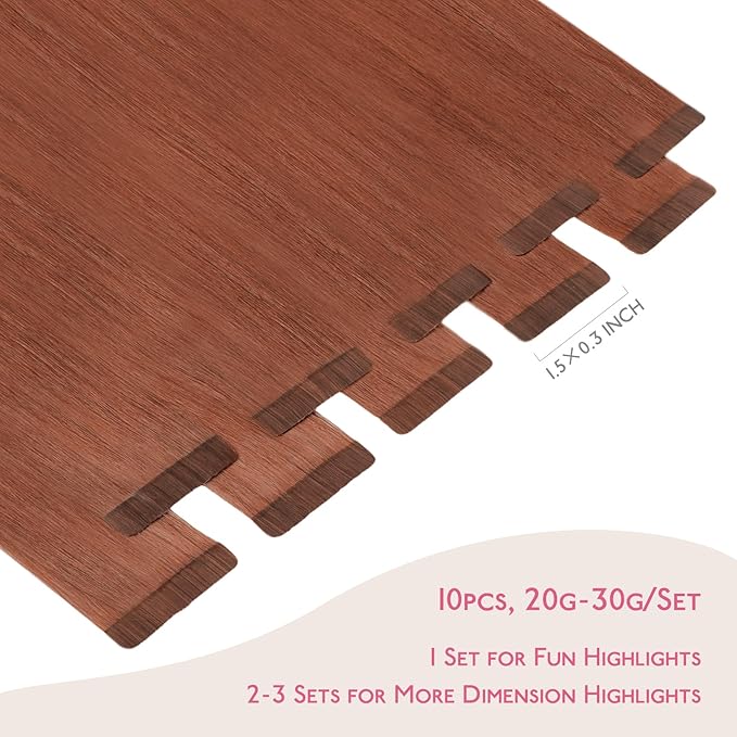 WENNALIFE Tape in Hair Extensions Human Hair Dark Auburn Copper Tape in Extensions, 10pcs 30g 24 inch Remy Invisible Tape Ins Straight Colored Soft Real Human Hair Tape in Extensions Refill Set Extens