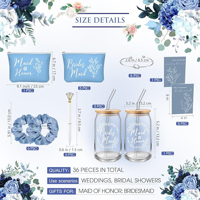 Irenare 36 Pcs Bridesmaid Proposal Gifts Bridal Shower Gifts 16 oz Glass Cup Cosmetic Makeup Bags Invited Cards Scrunchies Hair Knotted Bracelets Diamond Pens Favors for Wedding (Blue)