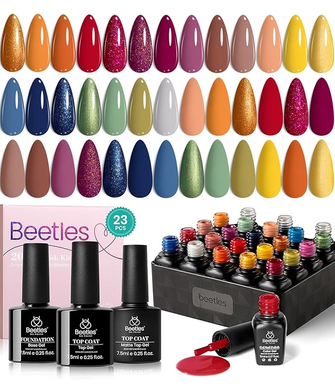 Beetles 20 Colors Gel Polish Set, 23 Pcs Red Blue Green Burgundy Shades Gel Polish with Base Matte & Glossy Top Coat Soak off Manicure Gifts for Women