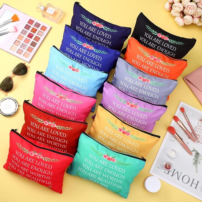 Cunno 24 Pcs Inspirational Makeup Bag Bulk Gift for Women You Are Loved Motivational Canvas Bag with Zipper Appreciation Makeup Cosmetic Bags Christmas Retirement Gift Multicolor(Fresh Color)