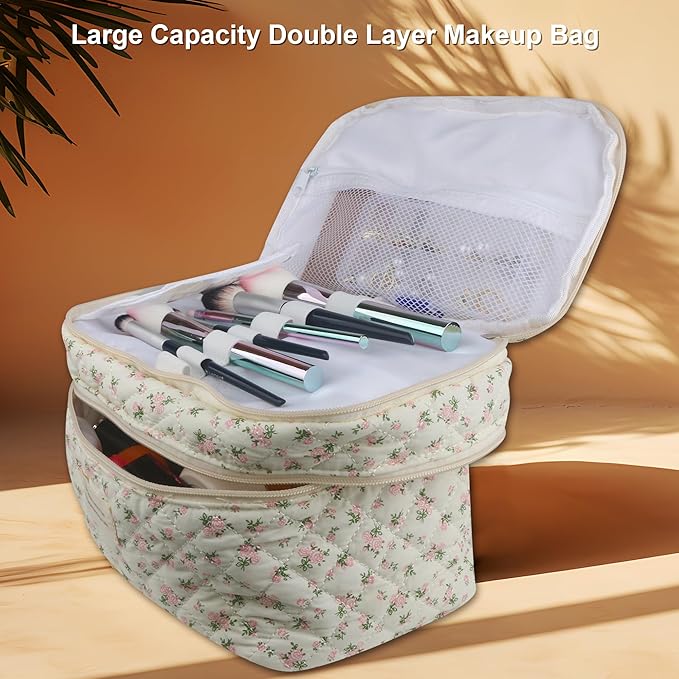 Dual Layer Cute Makeup Bag for Women(3 Pcs), Quilted Floral Coquette Aesthetic Make up Bags, Travel Cosmetic Bags Toiletry Organizer Bag(Pink Rose)