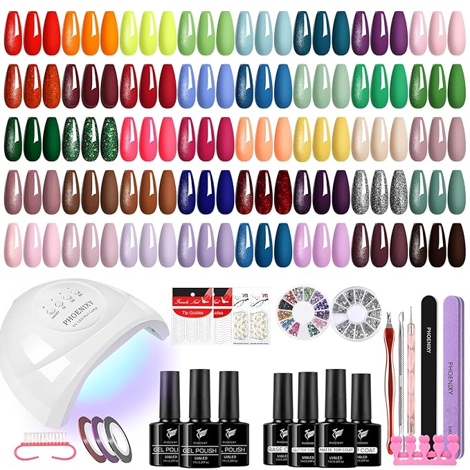 PHOENIXY 61 PCS Gel Nail Polish Kit with U V Light, 40 Colors Gel Nail Kit Manicure Starter Nail Polish Set Base Top Coat Gifts for Women SS9010