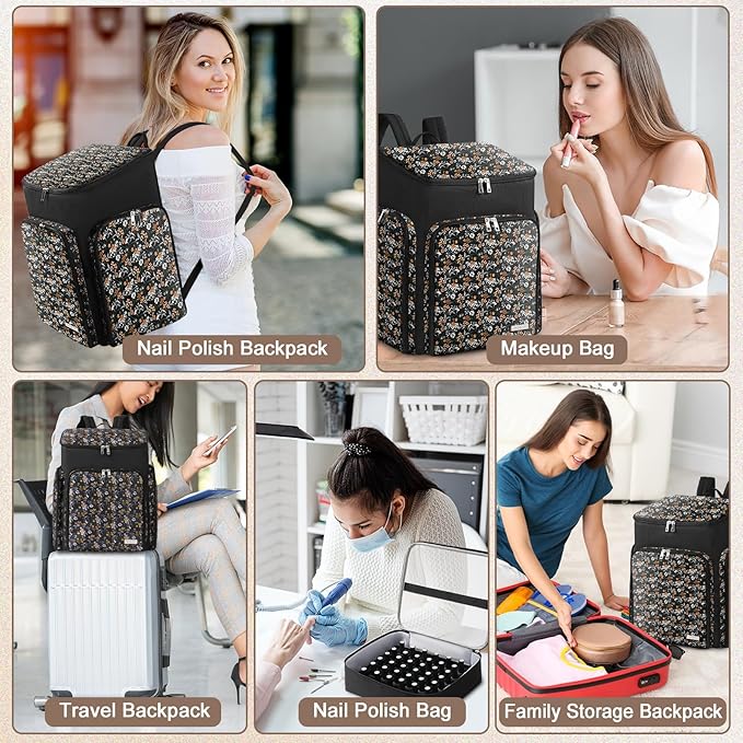 DERSTUEWE Floral Pattern Nail Polish Storage Backpack, Large Capacity Organizer Case with Multiple Compartments, Black