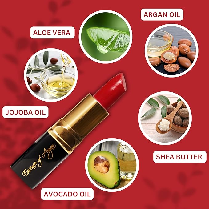 𝗘𝘀𝘀𝗲𝗻𝗰𝗲 𝗼𝗳 𝗔𝗿𝗴𝗮𝗻 Deep Moisturizing Red Lipstick, Long Lasting Lipstick & Lip Care in 1 with Pure Organic Argan Oil, Shea Butter, Jojoba Oil & Aloe Vera Hydrating, Roses R Red