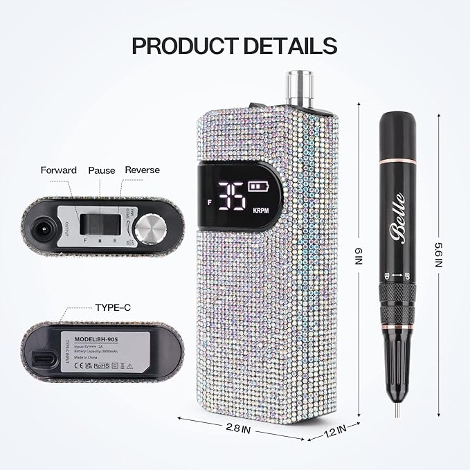 Belle Professional Electric Nail Drill Machine, Sparkly File for Acrylic Nails, UV LED Lamp, 54W Rechargeable Cordless Sparkling Dryer