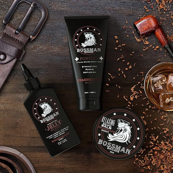 Bossman Essentials Beard Kit for Men – Beard Oil Jelly, Fortifying Conditioner Cream & Beard Balm – Grooming Care Accessories (Stachecoach Scent)