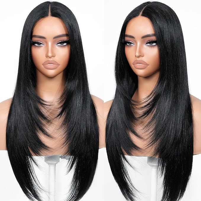Black Wear and Go Glueless Wigs Pre Plucked Pre Cut for Beginners Long Layered Straight Synthetic Lace Front Wigs with bangs 26 Inch Natural 1B 3 Seconds to Wear for Beginners