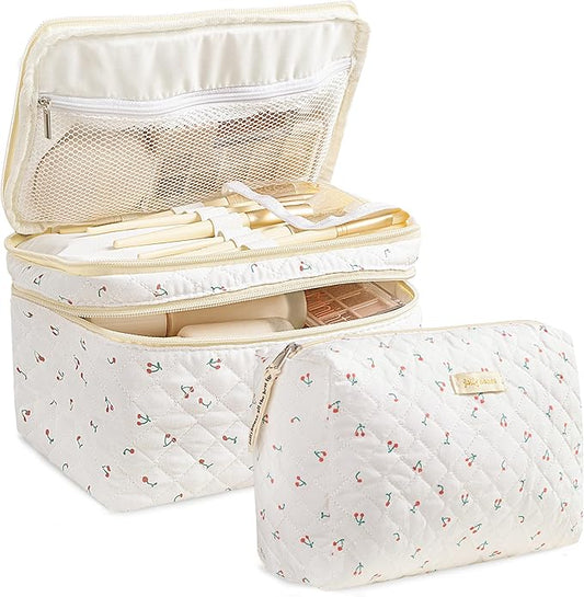 HBselect 2Pcs Travel Makeup Bag, Large Cotton Quilted Makeup Bag Cosmetic Bag Cute Make up Bag Toiletry Bags for Women Girls