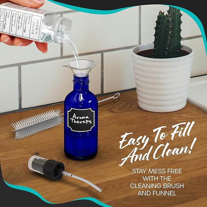 Nevlers Cobalt Blue 2 Oz Glass Spray Bottles 48 Pack | Small Spray Bottle for Hair Set w/Shrink Wrap, Funnel, Brush, Labels & Marker | UV Protected Atomizer Sprayer Glass Travel Containers for Liquids