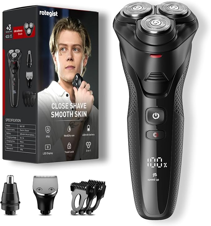 Electric Razor for Men, rategist Rechargeable Electric Shaver, Waterproof Wet Dry Cordless Razor, Adjustable Speeds, with Nose Hair Trimmer, Sideburns Trimmer