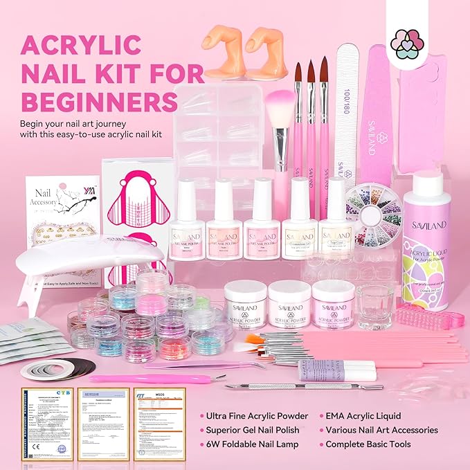 SAVILAND Acrylic Nail Kit with Everything: Professional Nails Kit Acrylic Set for Beginner Acrylic Powder Acrylic Liquid Gel Polish Kit U V Light Acrylic Nail Set Full Acrylic Nail Supplies Home Salon