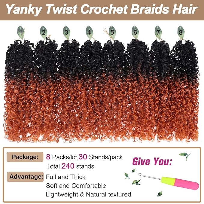 COOKOO 8 Inch Pre Twisted Ombre Yanky Twists Crochet Hair 8 Bundles/Lot Pre-looped Yanky Twists Hair with Curls Bohemian Spring Twist Crochet Hair Passion Twist Crochet Braiding Hair for Women 1B/24C#