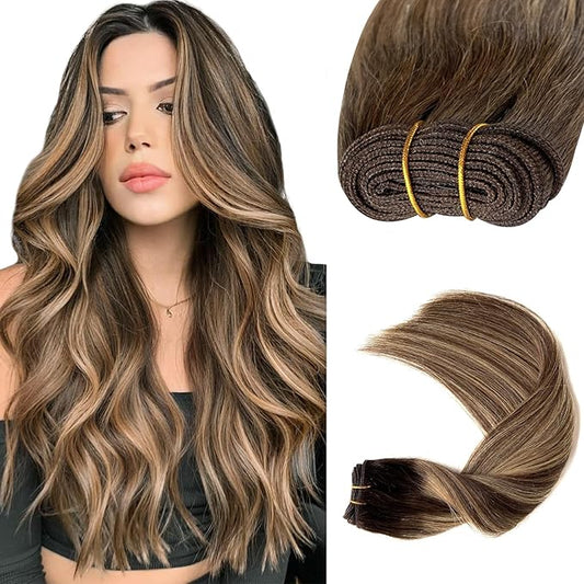 Sew in Hair Extensions Real Human Hair, 14 Inch 80G Hand Tied Weft Hair Extensions Human Hair Ombre Medium Brown Balayge Caramel Blonde Highlights Hair Extensions Real Human Hair Weft Weave Bundles