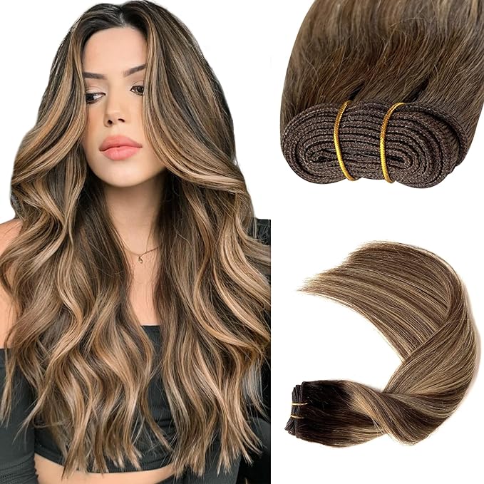 Human Hair Weft Chocolate Brown Balayage Caramel Blonde Highlights Sew in Hair Extensions Real Human Hair 20 Inch 100G Weft Hair Extensions Remy Real Human Hair Bundles Weave Extensions for Women