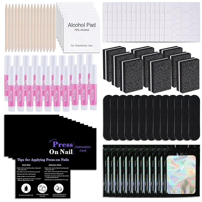 50 Set Disposable Nail Supplies Kits,Professional Manicure Press On Nail Tool Kit With Nail File ,Nail Buffer,Adhesive Tabs,Nail Glue,Sticks, Prep Pads,Bags,Instruction Cards for Nail Business(Black)