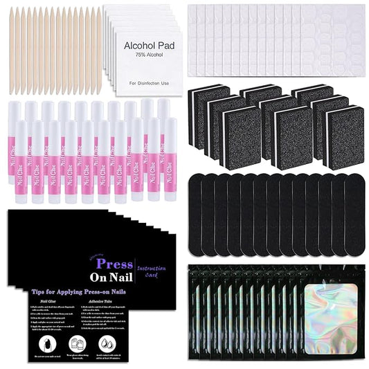 50 Set Disposable Nail Supplies Kits,Professional Manicure Press On Nail Tool Kit With Nail File ,Nail Buffer,Adhesive Tabs,Nail Glue,Sticks, Prep Pads,Bags,Instruction Cards for Nail Business(Black)
