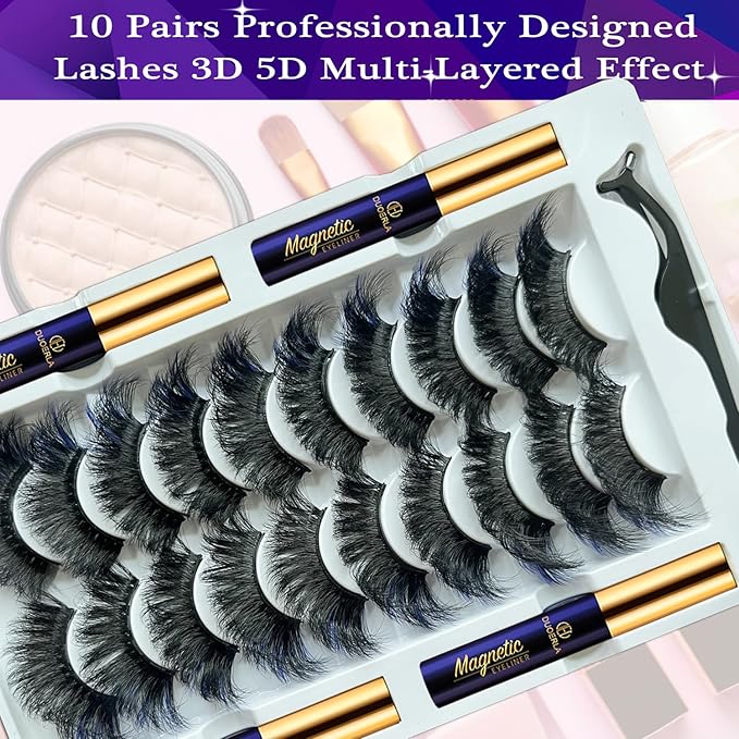 DUOERLA Magnetic Eyelashes Magnetic Lashes 3D Cat Eye Luxury Volume Curl with Eyeliner Kit,Upgraded Long Lasting,Reusable,Easy,Vegan & Cruelty Free 10 Pairs with Applicator,