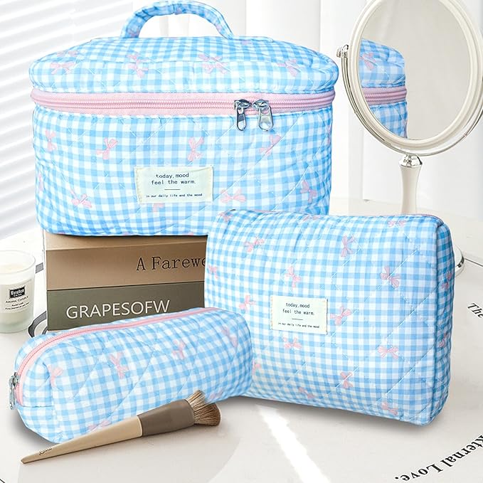3Pcs Makeup Bag Cotton Quilted Travel Cosmetic Bag Cute Floral Makeup Pouch Large Toiletry Bag for Women Girls (Plaid Bow-Blue)