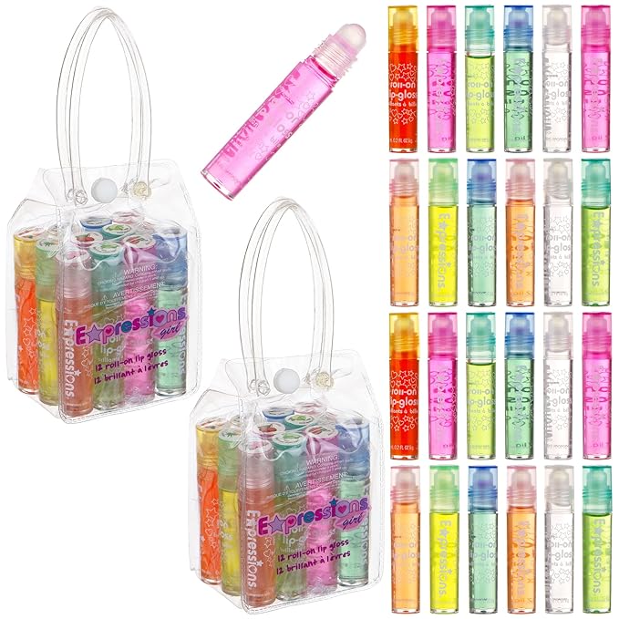 Expressions girl 24pc Roll On Lip Gloss Set with Carrying Case, Glossy Lip Make-up for Kids and Teens - Fruity Flavors, Non Toxic, Kid Friendly, Party Gift, Best Friends