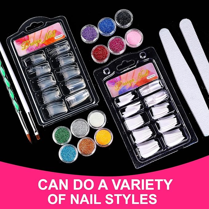 Nail Kit Set Professional Acrylic with Everything, 12 Glitter Acrylic Powder Kit Nails Art Tips Decoration, DIY Nail Art Tool and Supplies for Beginners
