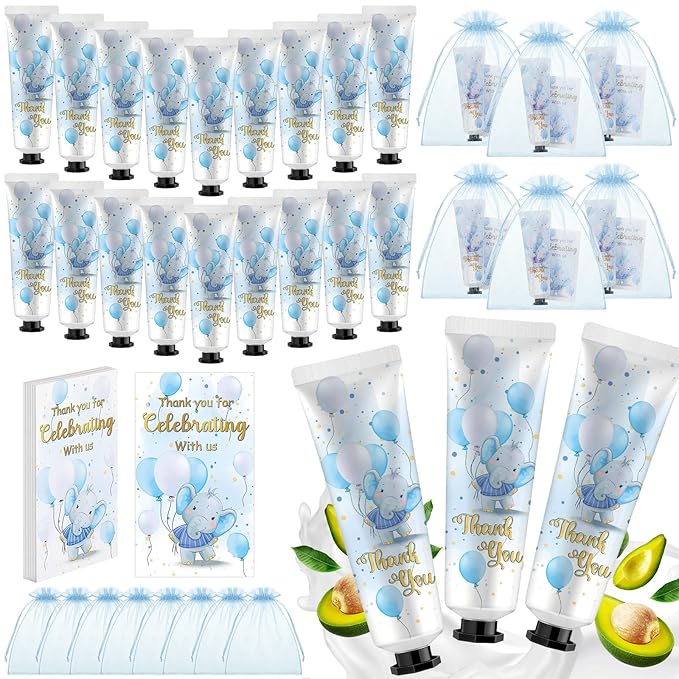 24 Sets Baby Shower Hand Cream Bulk Blue Elephant Shower Favors Bridal Thank You Appreciation Hand Cream for Guests Travel Size Lotion with Organza Bags