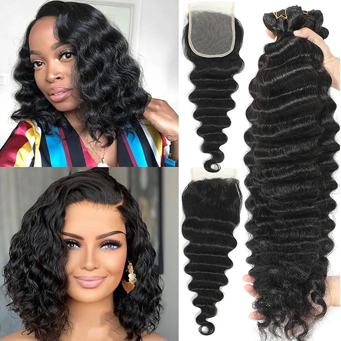 Brazilian Loose Deep Wave Bundles with Closure 3 Bundles and Closure Human Hair 10 12 14+10 Inch 100% Unprocessed Raw Wet and Wavy Weave Hair Bundles with 4X4 Closure Natural Black Color for Women