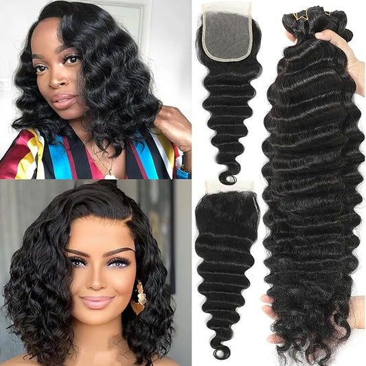Brazilian Loose Deep Wave Bundles with Closure 3 Bundles and Closure Human Hair 10 12 14+10 Inch 100% Unprocessed Raw Wet and Wavy Weave Hair Bundles with 4X4 Closure Natural Black Color for Women