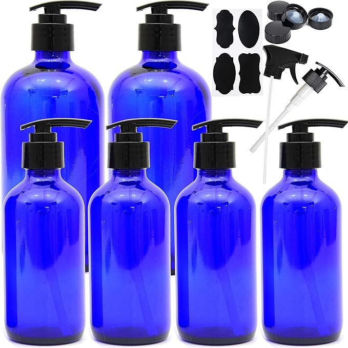 Youngever 6 Pack Empty Glass Pump Bottles, 2 Pack 16 Ounce and 4 Pack 8 Ounce Pump Bottles, Soap Dispenser, Refillable Containers (Blue)