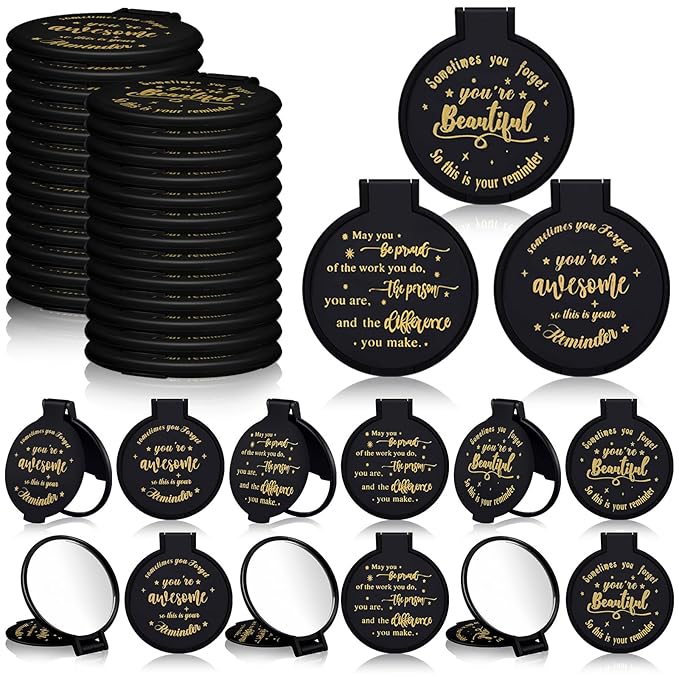Wenqik 100 Pcs Compact Mirror Bulk Black Gifts for Women Small Inspirational Pocket Purse Handheld Mirror Portable Round Makeup Folding Appreciation Gift for Christmas Valentine Daily Travel Coworker