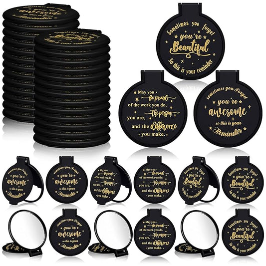 Wenqik 100 Pcs Compact Mirror Bulk Black Gifts for Women Small Inspirational Pocket Purse Handheld Mirror Portable Round Makeup Folding Appreciation Gift for Christmas Valentine Daily Travel Coworker