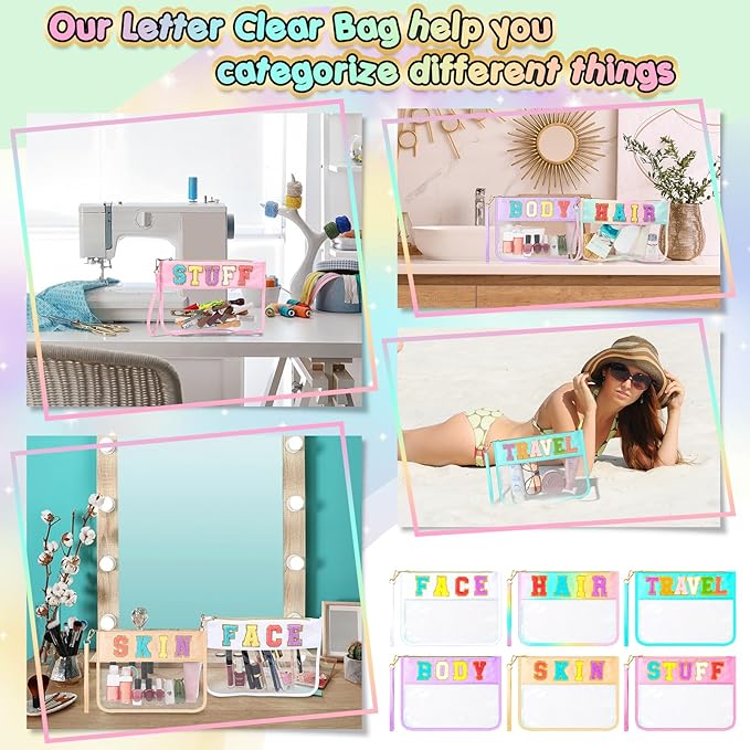 Abbylike 6 Pcs Chenille Letter Clear Zipper Pouch Summer Waterproof Cosmetic Pouch Travel Gym Beach Hawaii Bag Travel Patch Purse Makeup Letter Bag for Women Girls, 6 Colors(Macaron Colors,Cute)