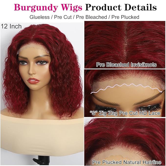 5×5 Closure Bob Wig Human Hair Glueless Wigs Human Hair Pre Plucked Pre Cut Short Curly Human Hair Wig Water Wave Middle Part 99j Red Wigs for Women Lace Frontal Wigs for Black Women 14Inch